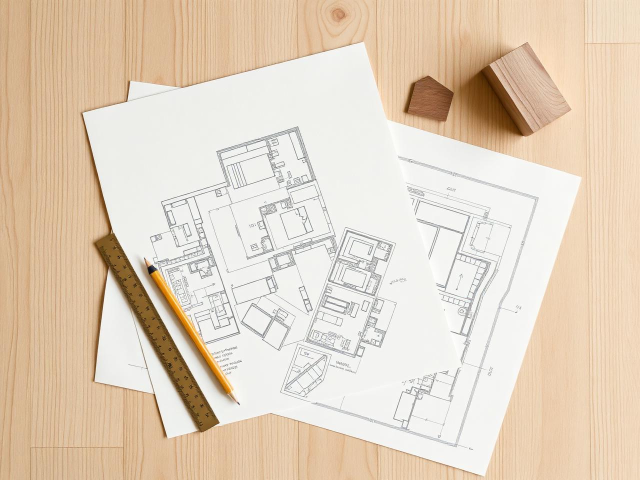 Architectural millwork drawings on an oak surface with a ruler and pencil