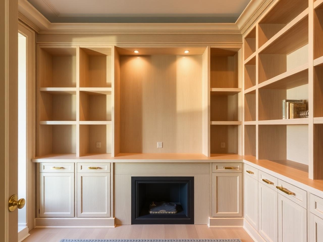 Finished custom built-in cabinetry with brass hardware in a warm interior
