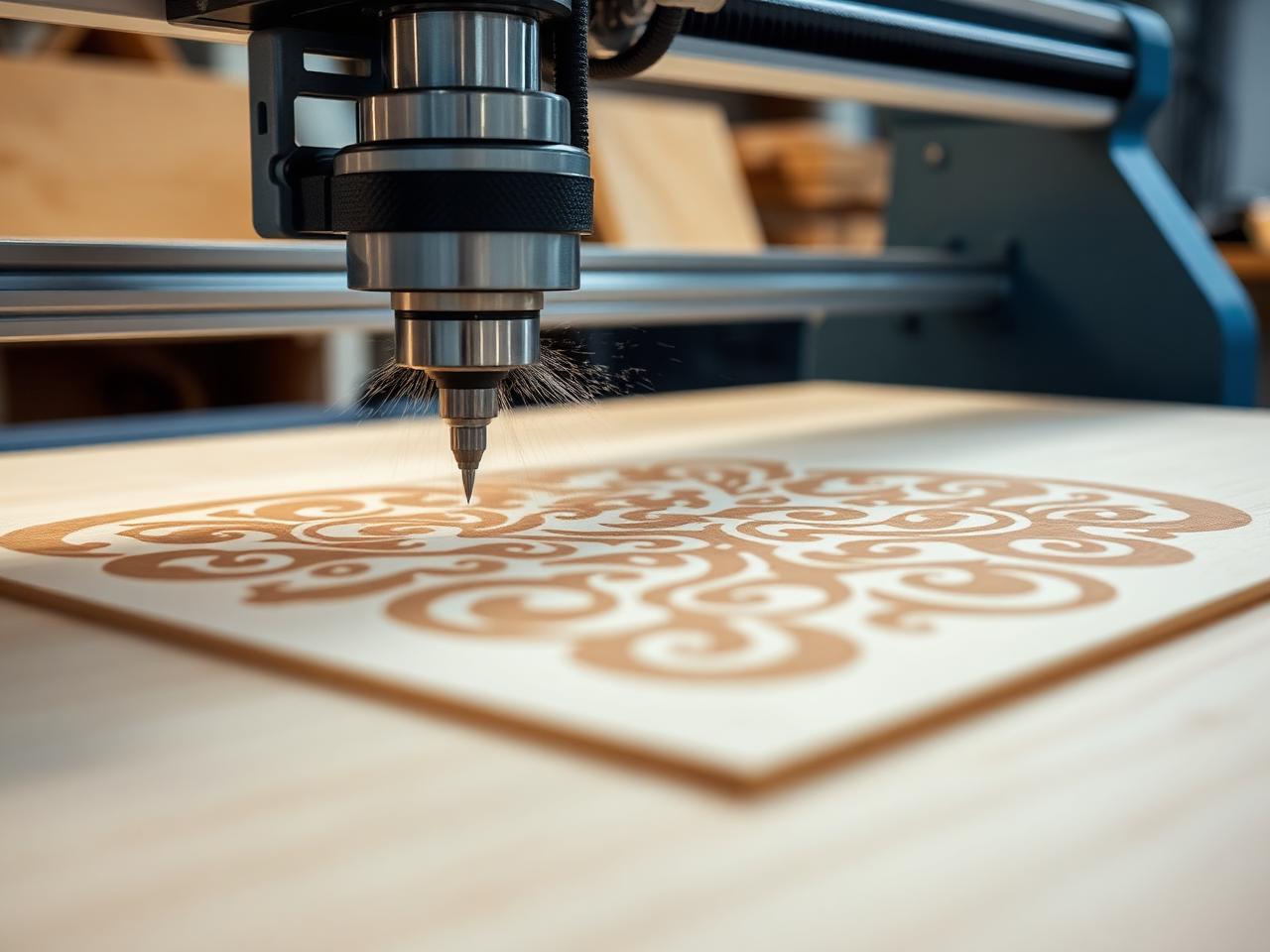 Close-up of a CNC router cutting an intricate pattern into baltic birch plywood