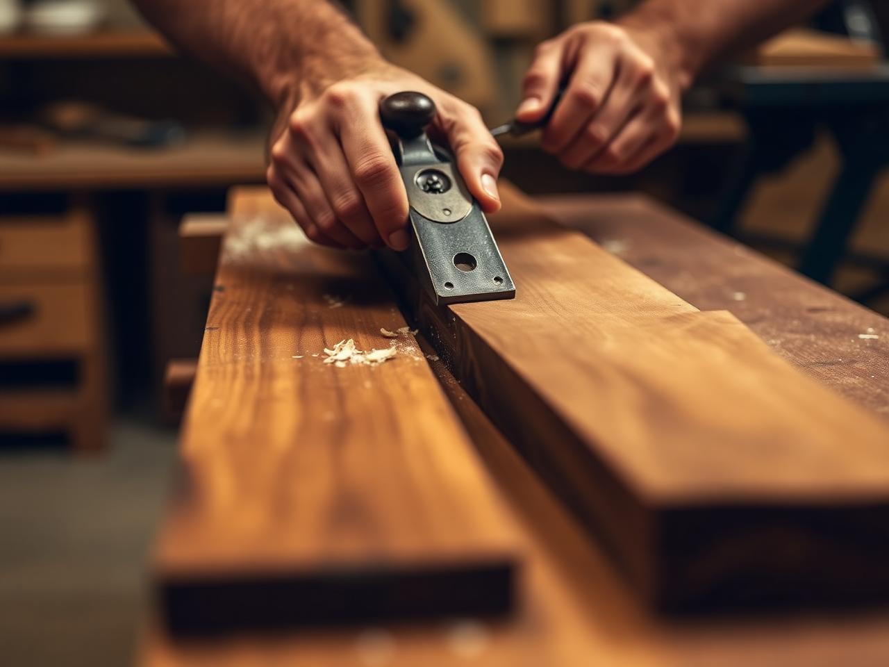 A craftsman's hands running a hand plane along a walnut board, fine shavings curling up