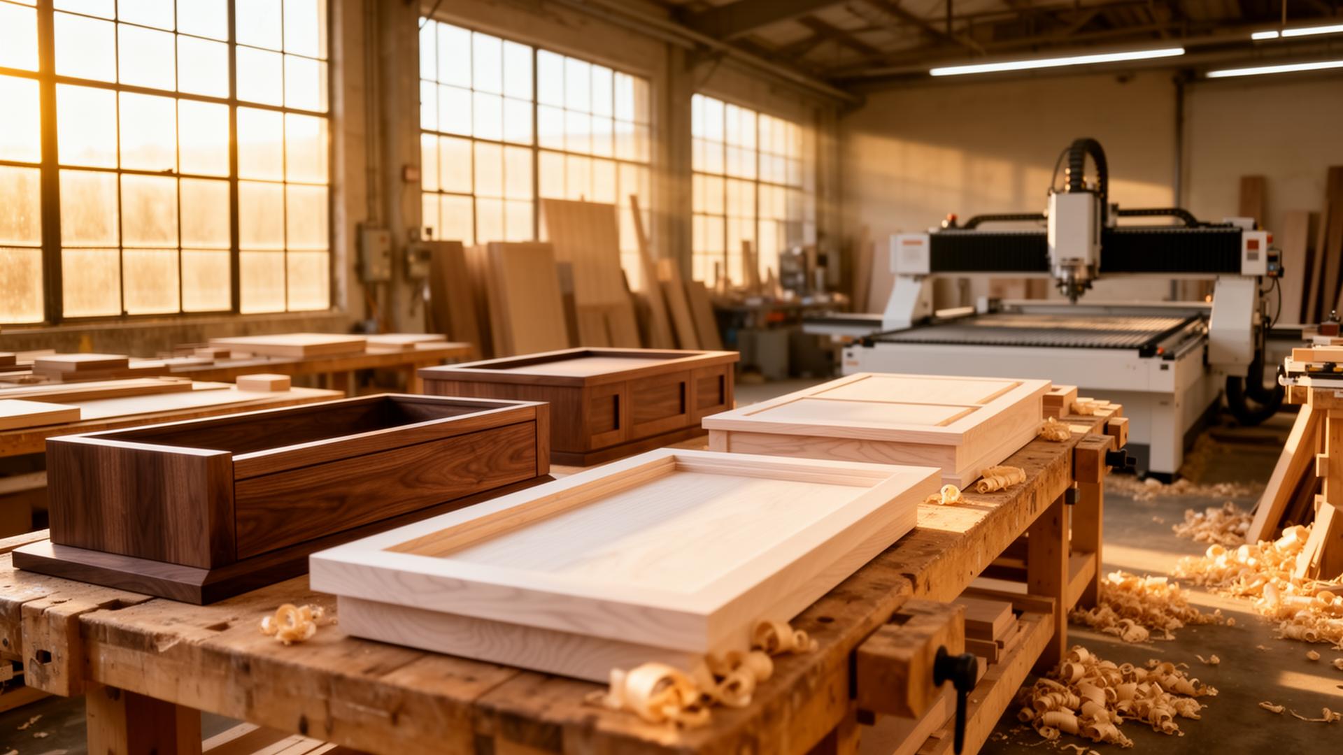 A modern millwork shop with custom cabinetry on workbenches and a CNC machine in the background